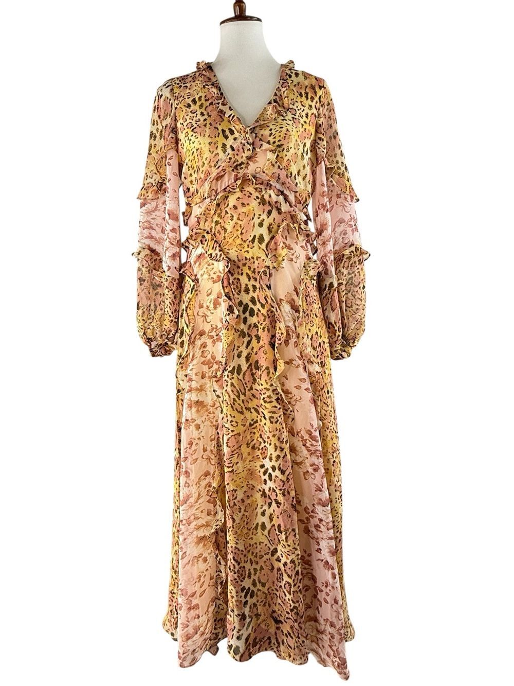 Bardot Blush Pink & Yellow Animal & Floral Print Ruffle Maxi Dress